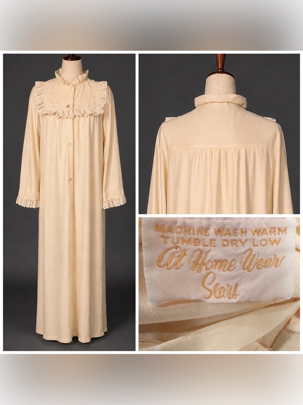 Vintage Sears polyester nightgown. He ain't gettin' any. Cream, ruffles- M